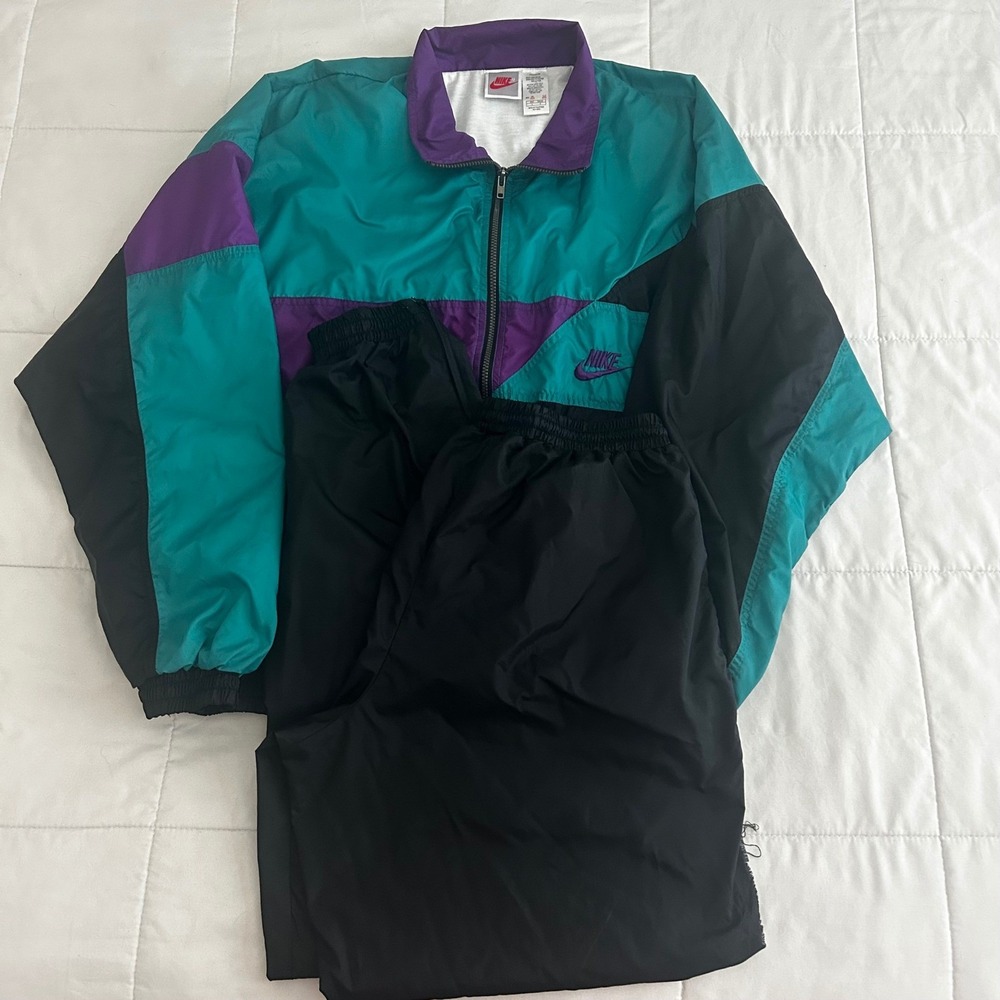 Vintage Nike Tracksuit Set Purple Teal Black Windbreaker Jacket Pants L *FLAWS*